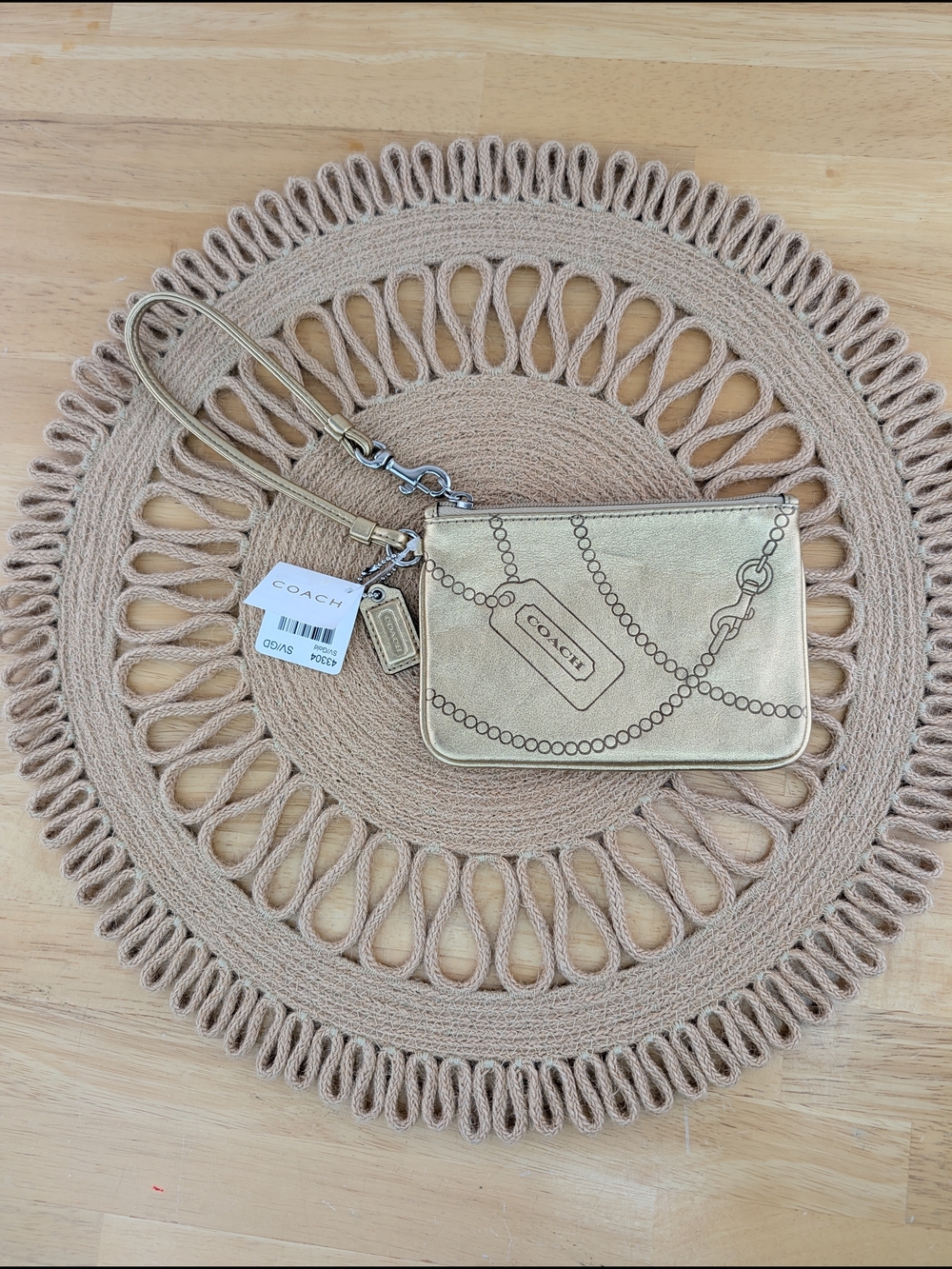 Coach Metallic Gold Leather Wristlet Pouch Bag Coin Wallet Zipper Closure NWT